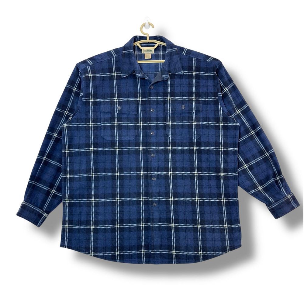 Vintage LL Bean Men's Soft Fleece Button Up Shirt Plaid Blue size‎ XL